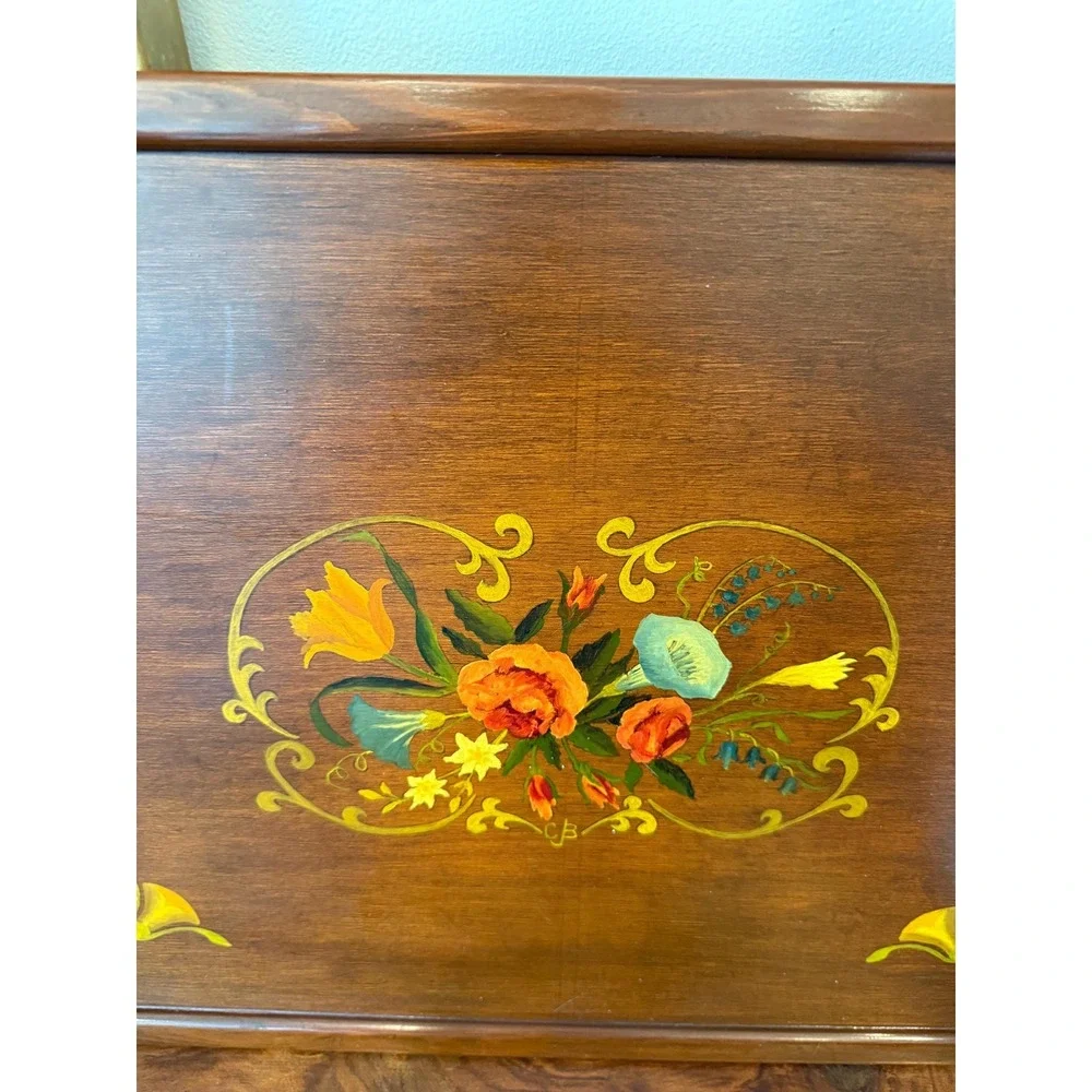 Vintage Hand Painted Floral‎ Wood Tray With Handles